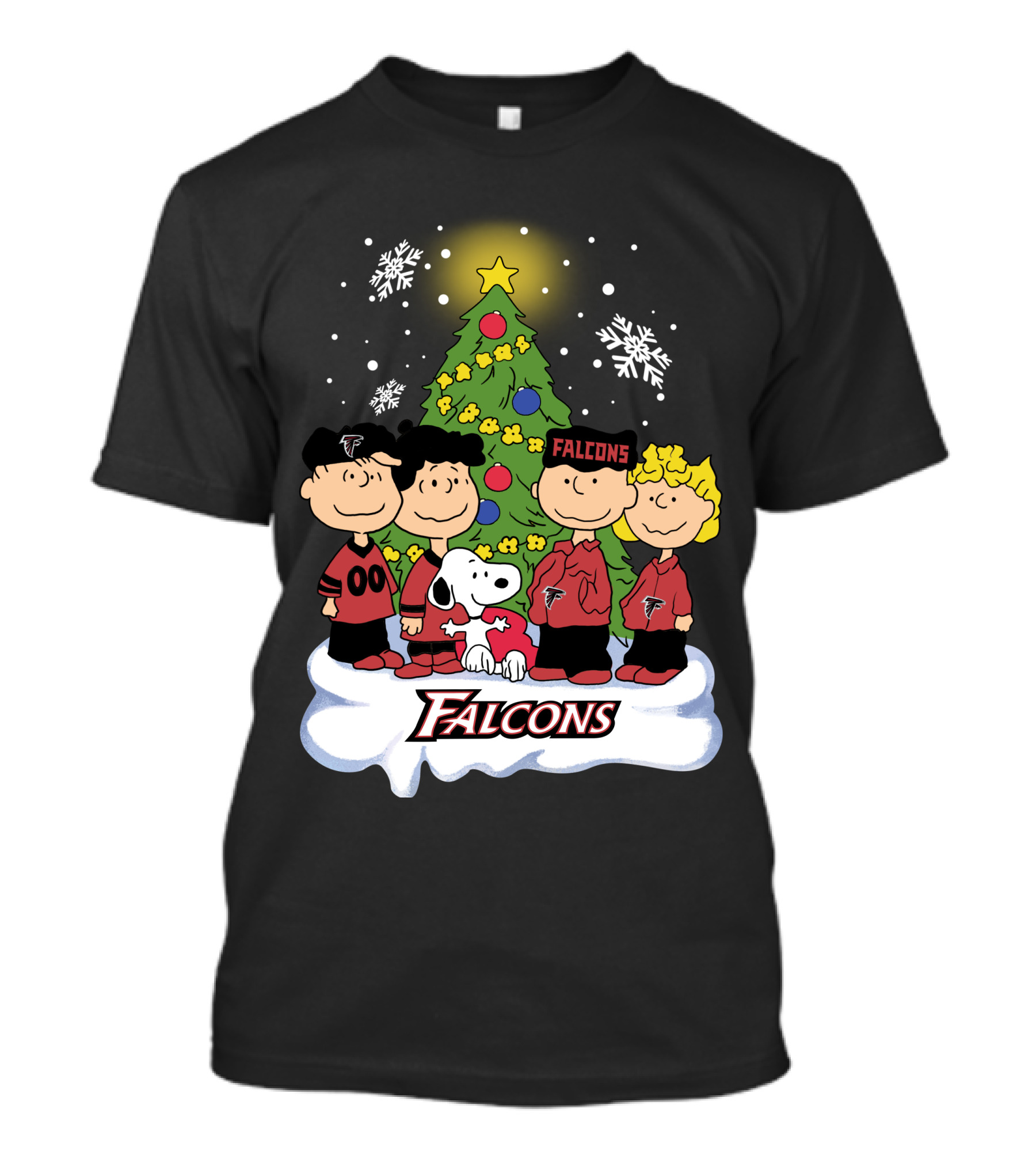 Snoopy Atlanta Falcons Christmas Peanuts Characters Snowflakes Tree T-Shirt