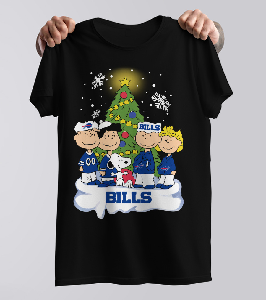 Snoopy And Peanuts Characters Celebrating With Buffalo Bills Christmas Tree T-Shirt