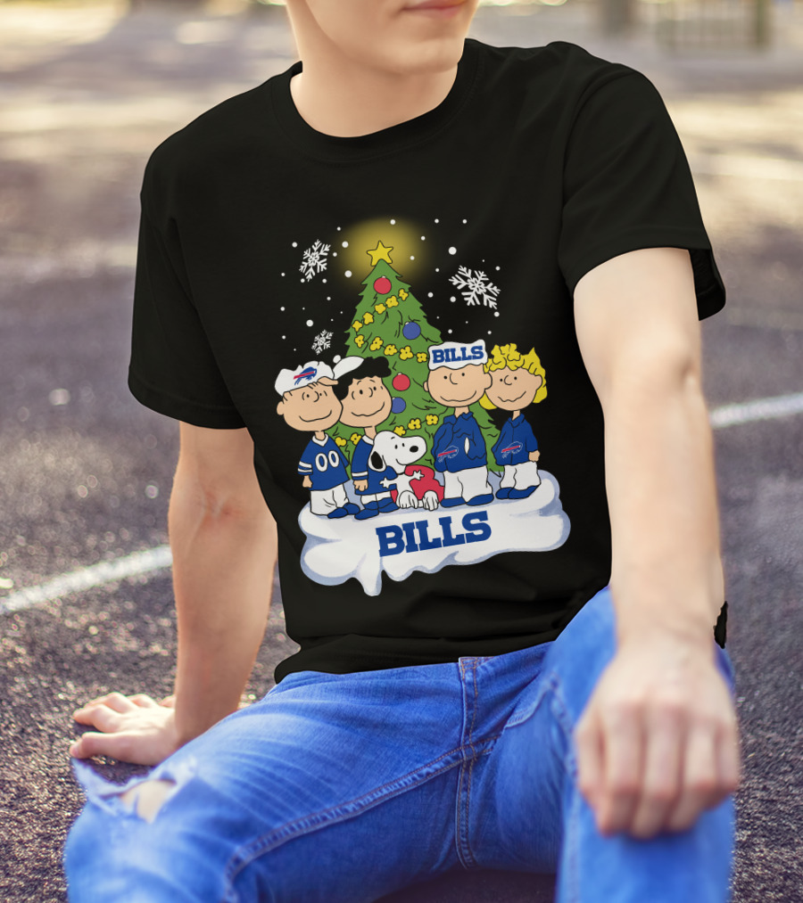 Snoopy And Peanuts Characters Celebrating With Buffalo Bills Christmas Tree T-Shirt