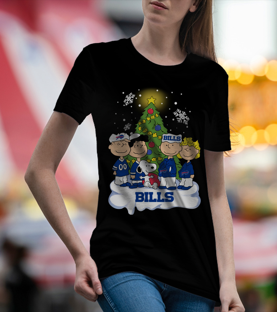 Snoopy And Peanuts Characters Celebrating With Buffalo Bills Christmas Tree T-Shirt