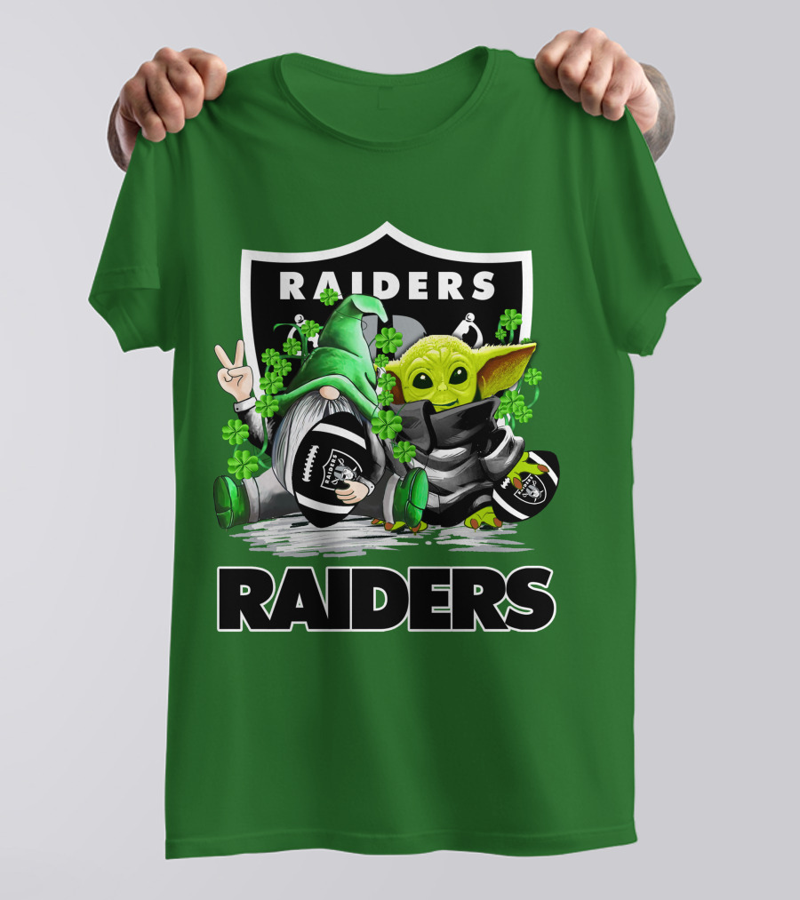 Raiders St. Patrick’s Day Football Gnome And Baby Alien With Clover Footballs T-Shirt