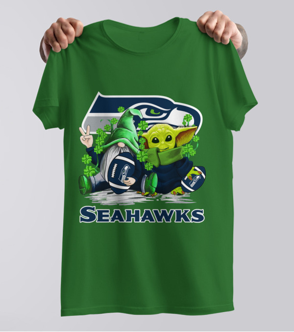 Seattle Seahawks St. Patrick's Day Gnome And Baby Yoda Football T-Shirt