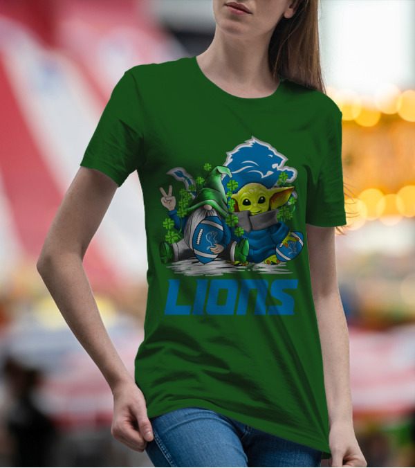 Detroit Lions St. Patrick's Day Gnome And Yoda Football T-Shirt