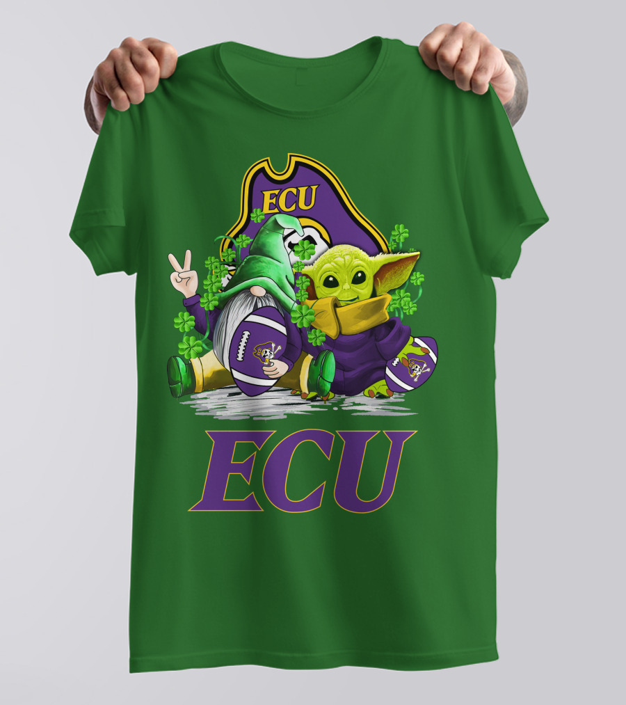 ECU East Carolina Pirates Football St. Patrick's Day Celebration With Gnome And Baby Alien T-Shirt