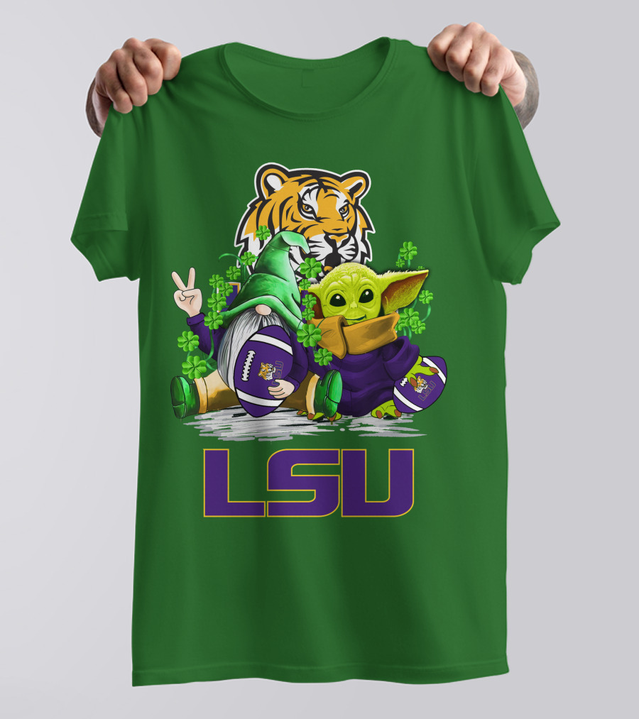 LSU Tigers Football St. Patrick's Day Gnome And Baby Alien With Shamrocks T-Shirt