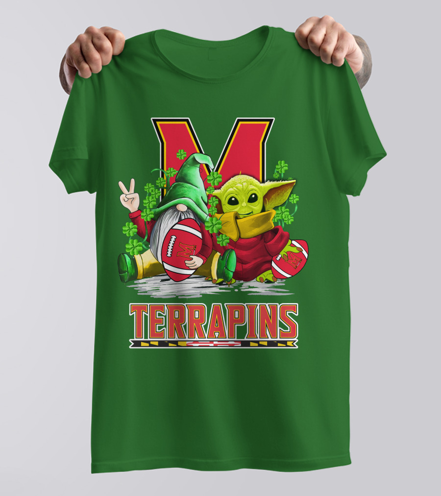 Maryland Terrapins Football St. Patrick's Day Gnome And Baby Yoda T-Shirt
