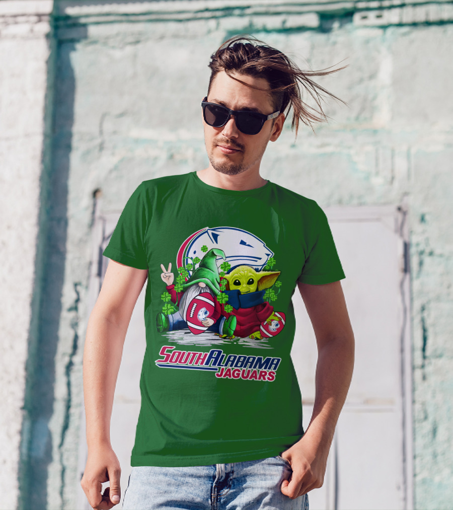 South Alabama Jaguars Football St. Patrick's Day Gnome And Baby Alien With Shamrocks T-Shirt