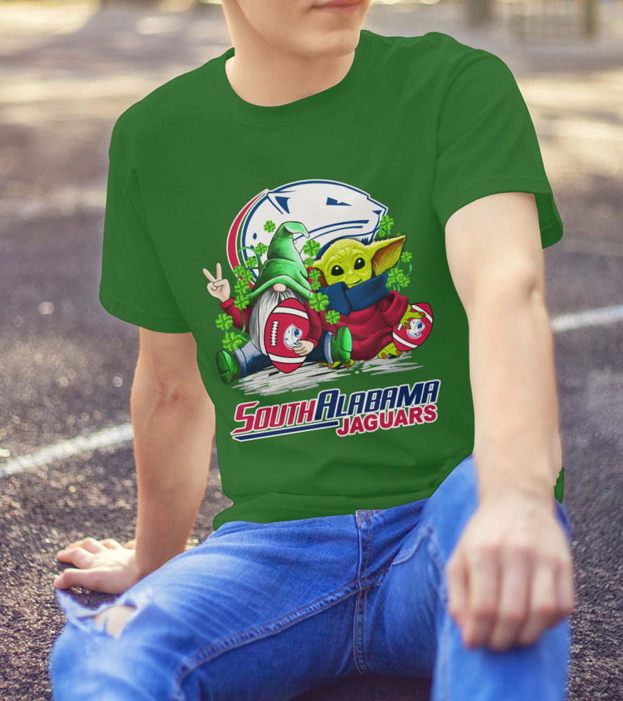 South Alabama Jaguars Football St. Patrick's Day Gnome And Baby Alien With Shamrocks T-Shirt