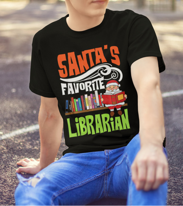 Santa's Favorite Librarian With Bookshelves And Santa Claus T-Shirt