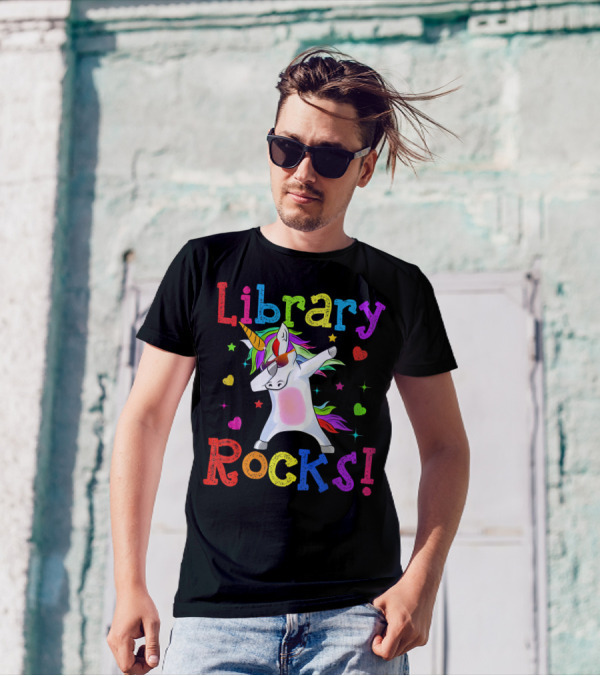 Dabbing Unicorn Library Rocks Colorful Hearts And Stars T-Shirt