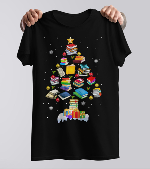 Christmas Library Tree Books Snowflakes Gifts Libraria T-Shirt
