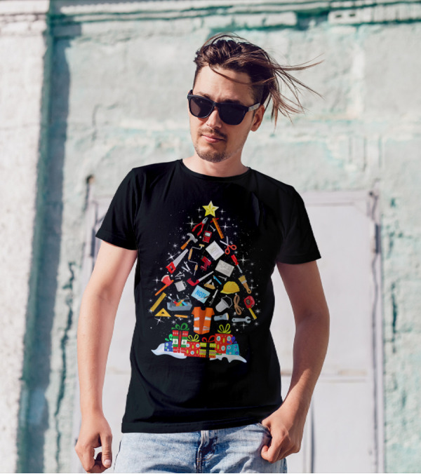 Christmas Carpenter Tree Filled With Tools And Gifts T-Shirt
