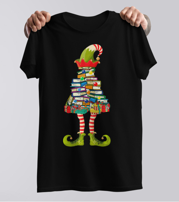 Funny Book Christmas Elf Love Reading Books Festive Stack T-Shirt