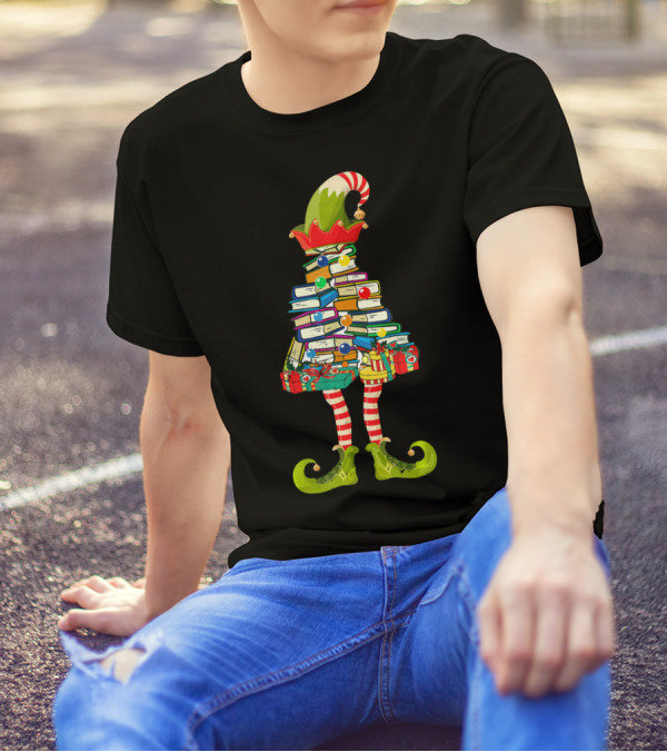 Funny Book Christmas Elf Love Reading Books Festive Stack T-Shirt