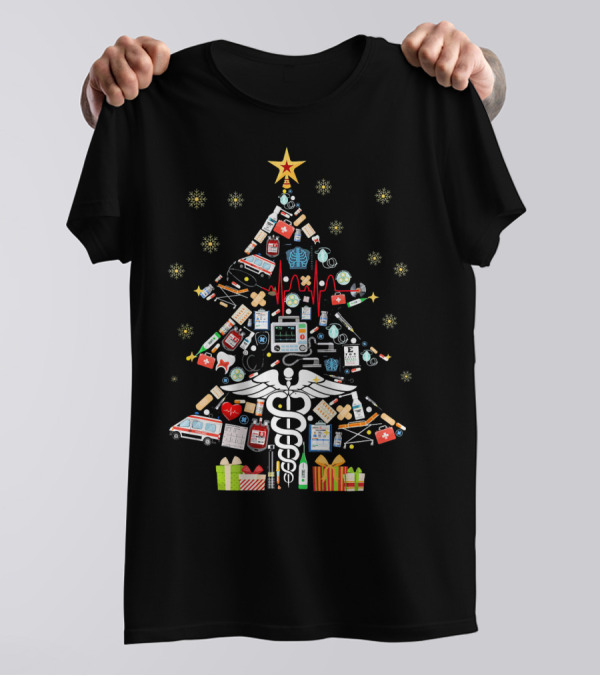 Christmas Tree With Medical Tools And Doctor Elements T-Shirt