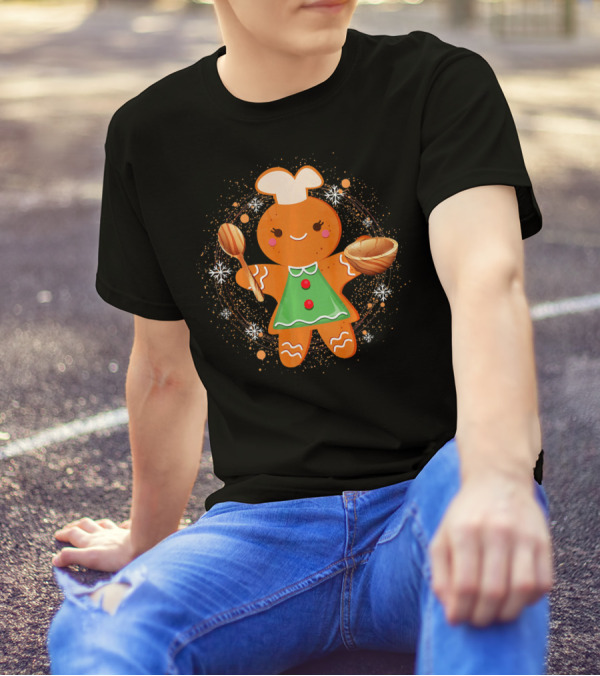 Christmas Baking Lover Cute Gingerbread Chef With Spoon And Bowl T-Shirt