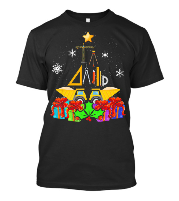Crane Construction Engineer Christmas Tree With Snowflakes And Gift Boxes T-Shirt