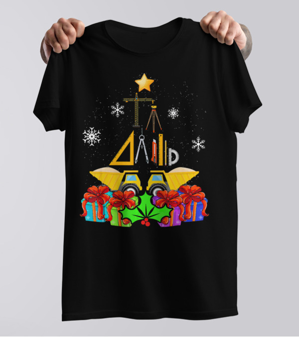 Crane Construction Engineer Christmas Tree With Snowflakes And Gift Boxes T-Shirt