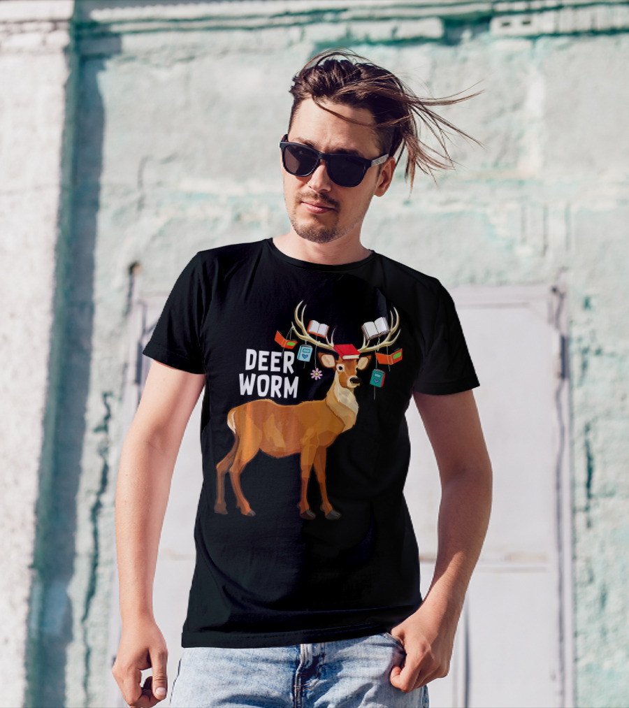 Deer Worm Funny Reindeer Librarian With Books On Antlers T-Shirt