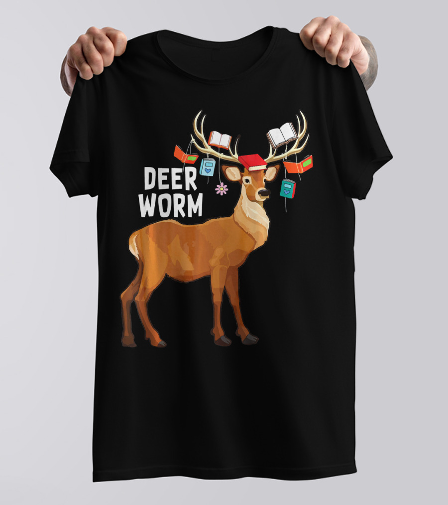 Deer Worm Funny Reindeer Librarian With Books On Antlers T-Shirt