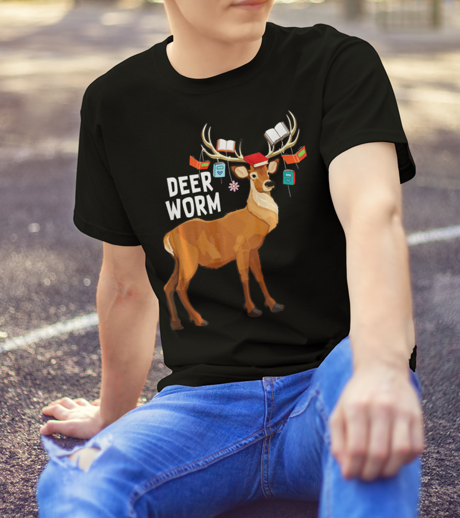 Deer Worm Funny Reindeer Librarian With Books On Antlers T-Shirt