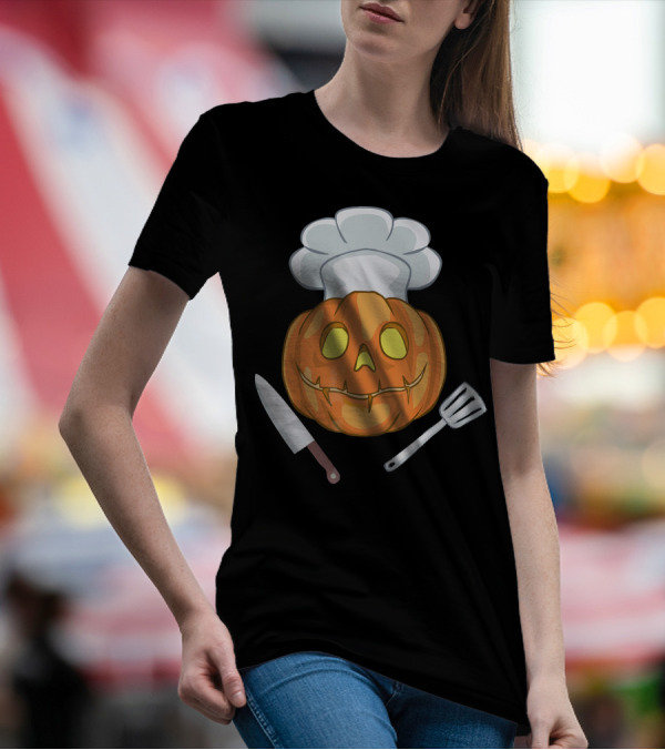 Funny Chef Halloween Pumpkin Face With Knife And Spatula T-Shirt