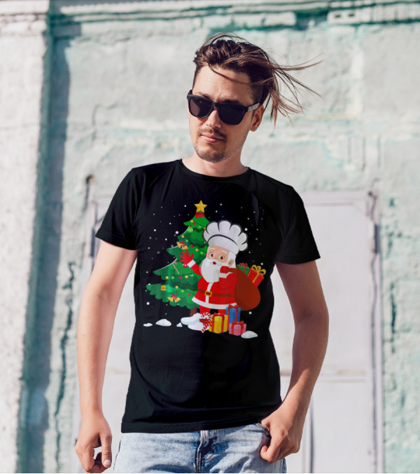 Christmas Chef Santa With Gifts By Tree T-Shirt