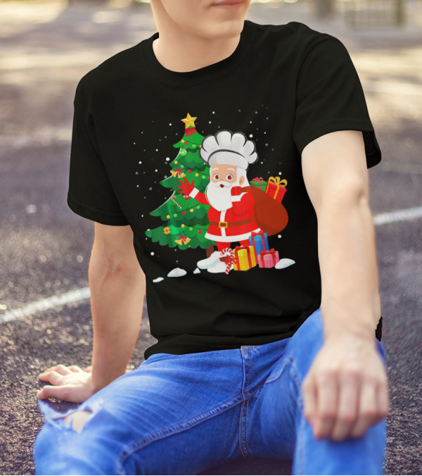 Christmas Chef Santa With Gifts By Tree T-Shirt