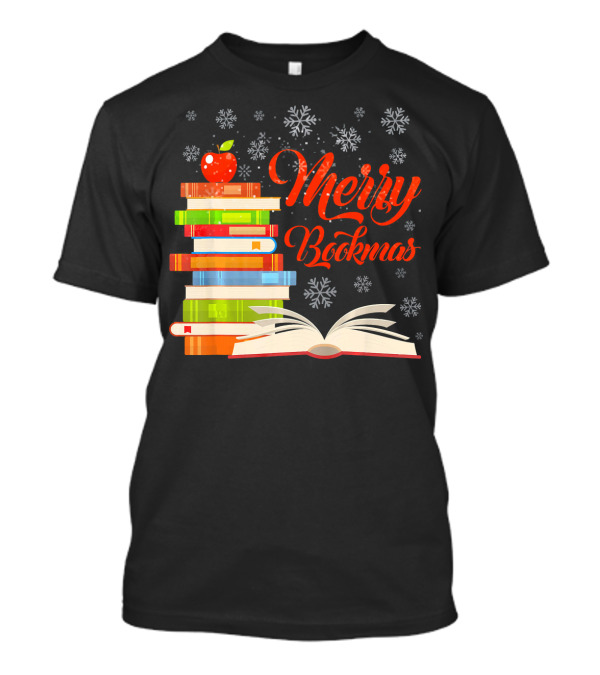 Merry Bookmas Christmas Reading With Snowflakes And Apple On Books T-Shirt