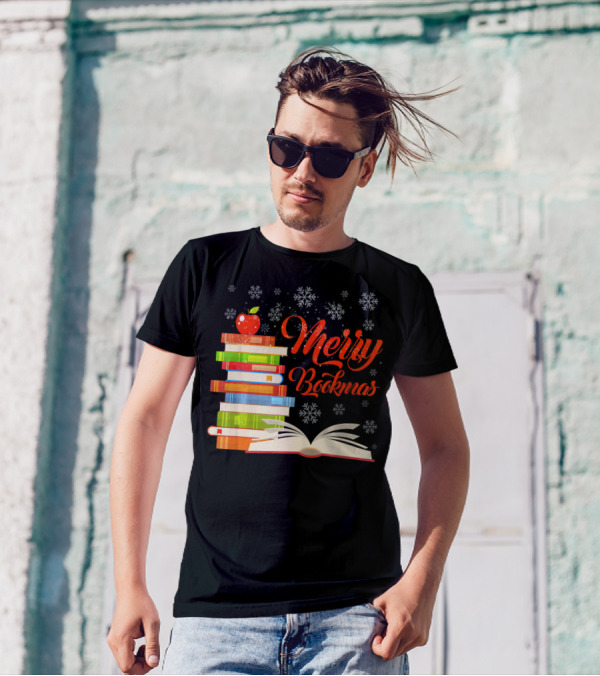 Merry Bookmas Christmas Reading With Snowflakes And Apple On Books T-Shirt