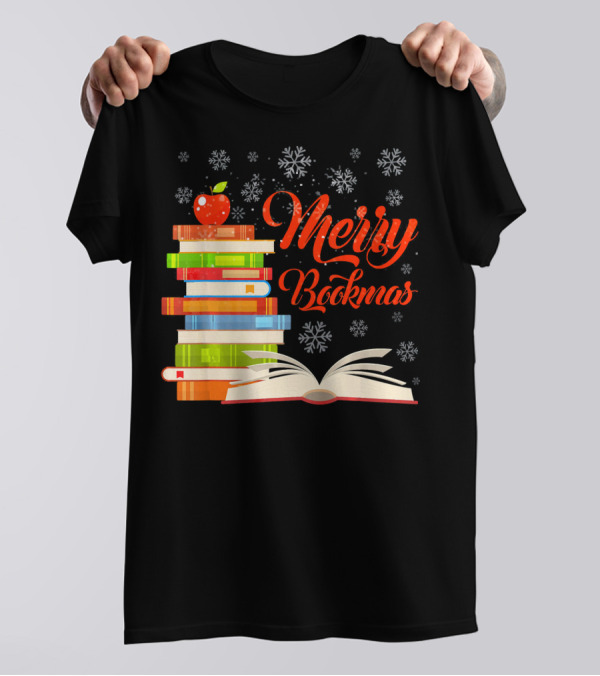 Merry Bookmas Christmas Reading With Snowflakes And Apple On Books T-Shirt