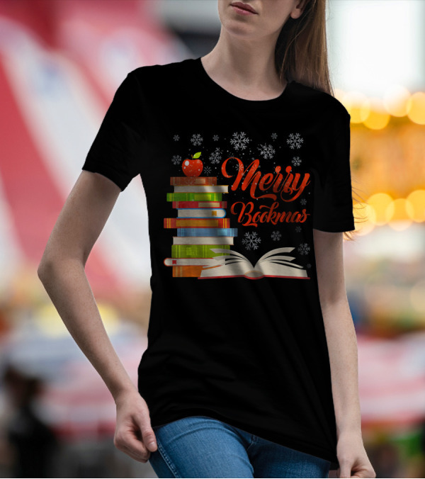 Merry Bookmas Christmas Reading With Snowflakes And Apple On Books T-Shirt