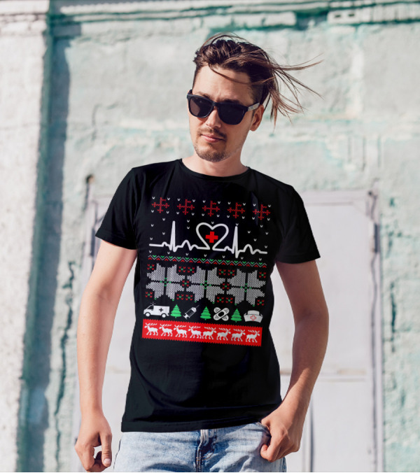 Christmas Nurse CNA Doctor Ugly Sweater Heartbeat Ambulance Reindeer T-Shirt