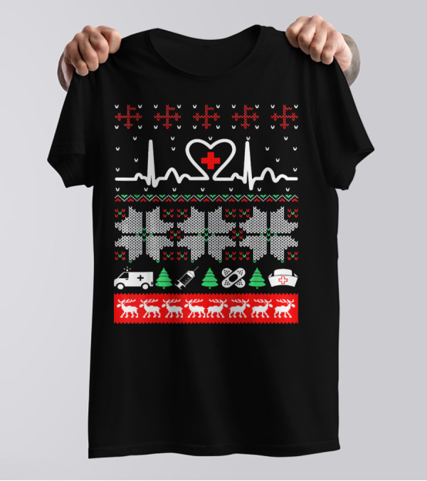 Christmas Nurse CNA Doctor Ugly Sweater Heartbeat Ambulance Reindeer T-Shirt