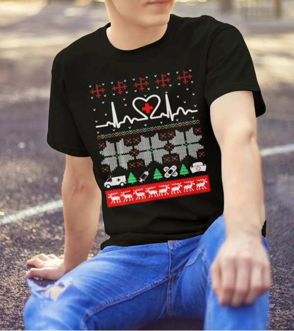 Christmas Nurse CNA Doctor Ugly Sweater Heartbeat Ambulance Reindeer T-Shirt