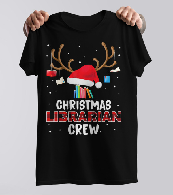 Christmas Librarian Crew Antlers Santa Hat Books T-Shirt