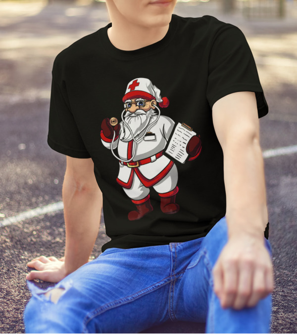 Christmas Doctor Santa With Stethoscope And Clipboard T-Shirt
