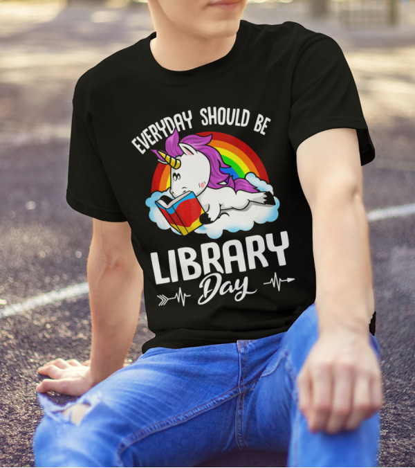 Everyday Should Be Library Day Unicorn Reading Rainbow Cloud T-Shirt