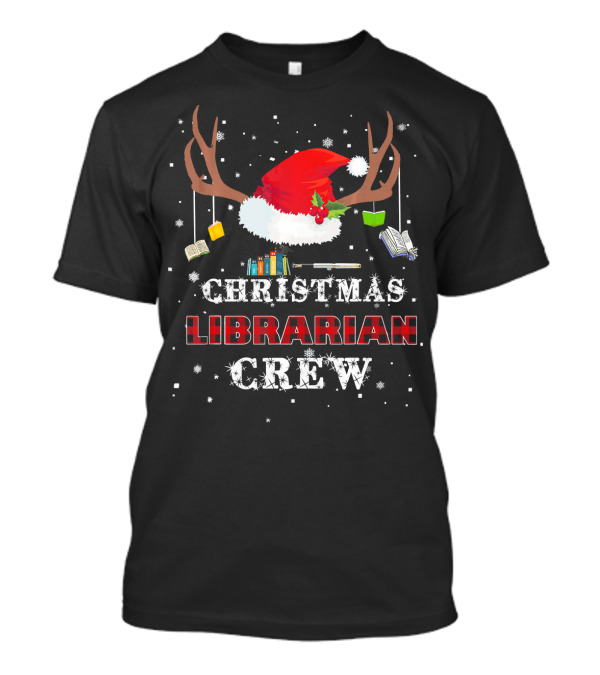 Christmas Librarian Crew Santa Hat Antlers Books Snowflakes T-Shirt