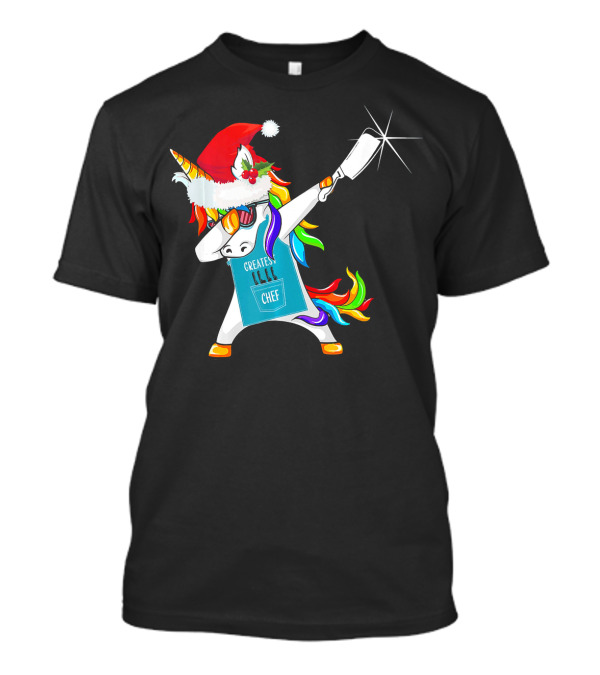 Greatest Chef Unicorn Dabbing In Santa Hat Christmas Merry T-Shirt
