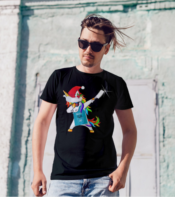 Greatest Chef Unicorn Dabbing In Santa Hat Christmas Merry T-Shirt