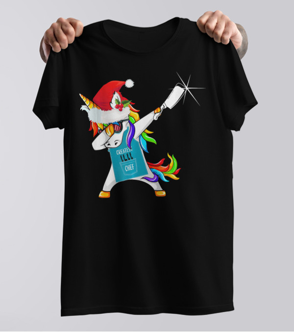 Greatest Chef Unicorn Dabbing In Santa Hat Christmas Merry T-Shirt