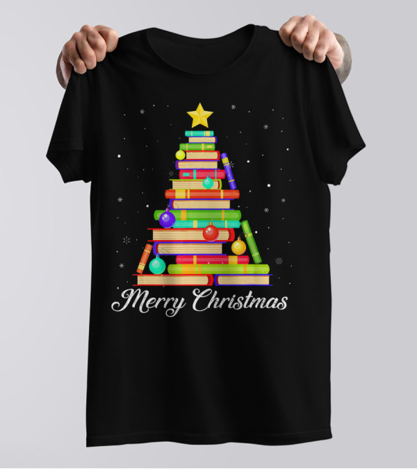 Merry Christmas Tree Made Of Books For Reading Lovers T-Shirt