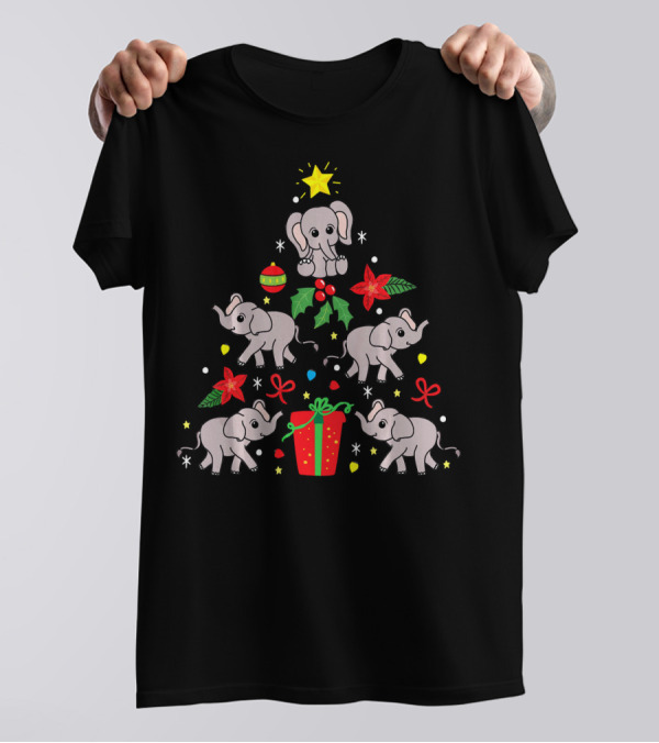 Elephant Christmas Ornament Tree With Stars, Poinsettias, Holly, And Gifts T-Shirt
