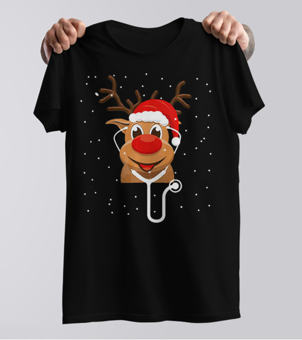 Reindeer In Santa Hat With Stethoscope Snowfall T-Shirt