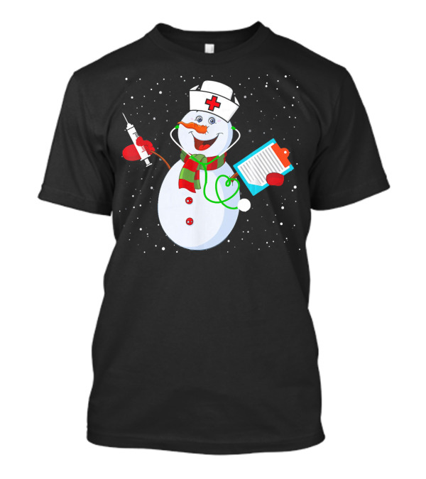Christmas Snowman Nurse Holding Syringe And Clipboard T-Shirt