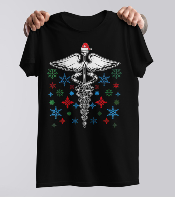 Caduceus With Snowflakes And Santa Hat T-Shirt