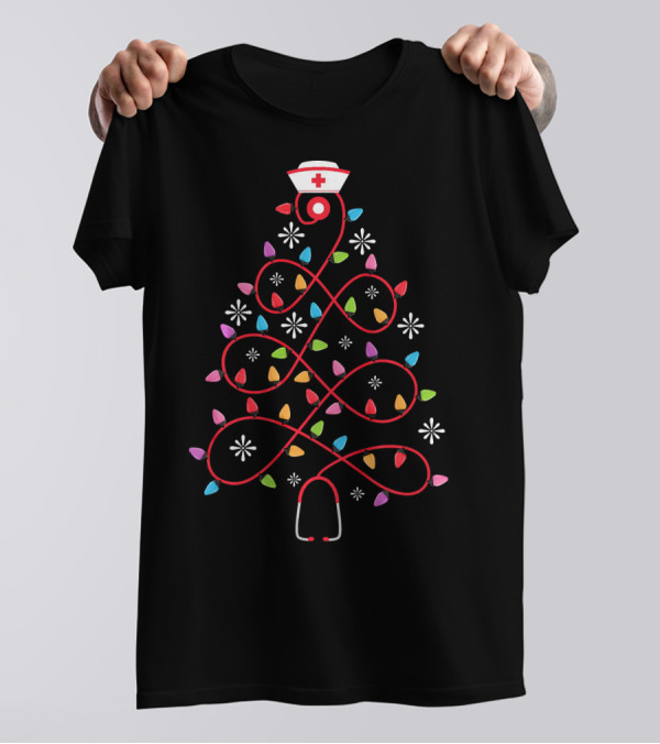 Christmas Nurse Stethoscope Christmas Tree Lights T-Shirt