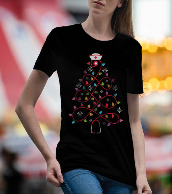 Christmas Nurse Stethoscope Christmas Tree Lights T-Shirt