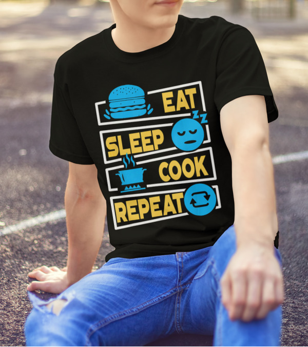 Eat Sleep Cook Repeat Cooking Burger Pot Iconography T-Shirt